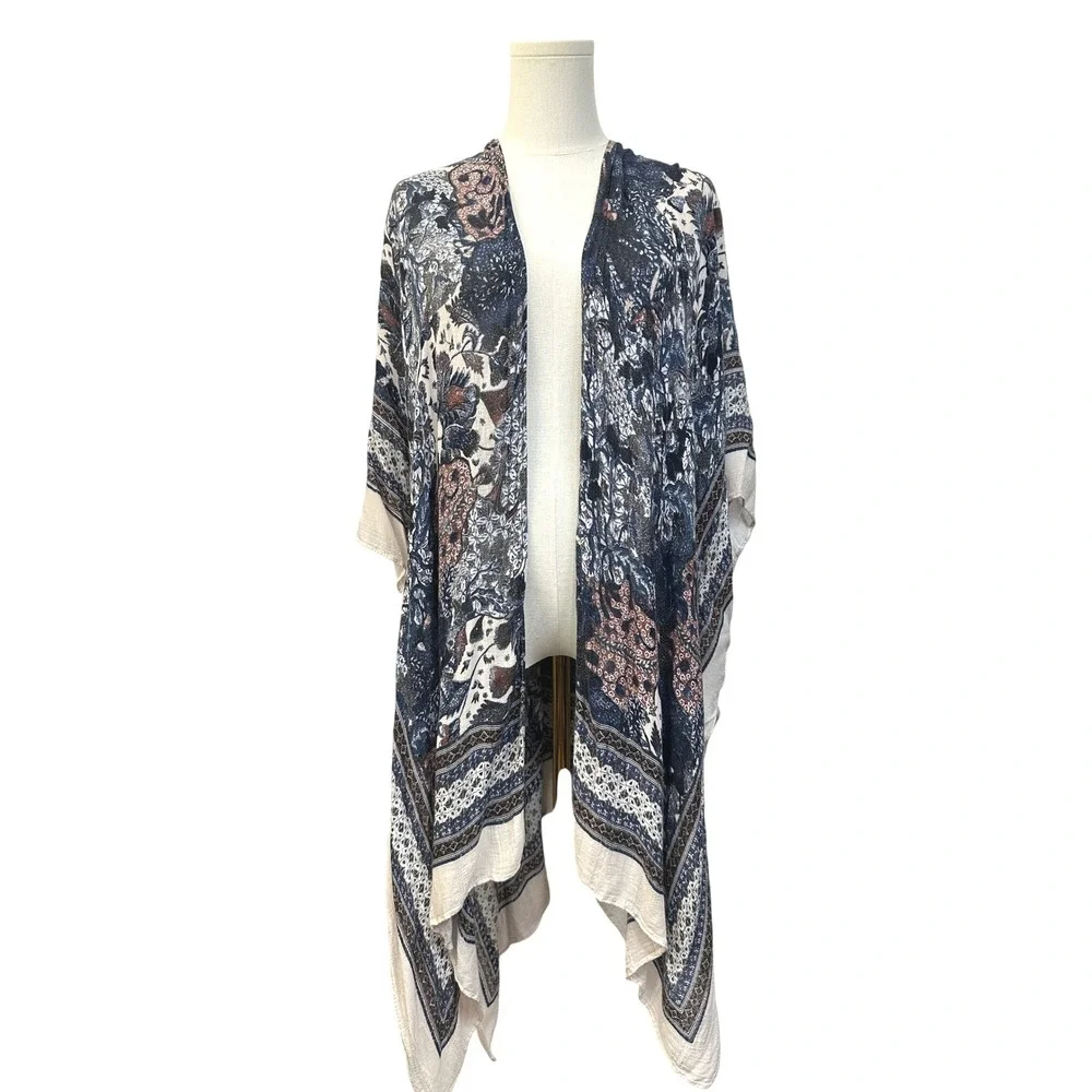 Blue Floral Paisley Boho Kimono Cardigan L-XL Open Front Wrap Gypsy Western - Picture 2 of 8